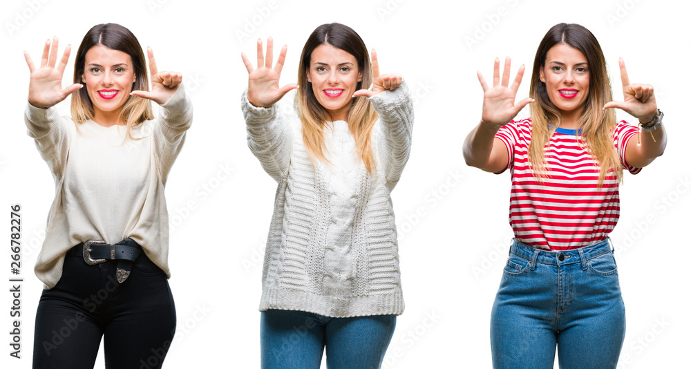 Collage of young beautiful woman over isolated background showing and pointing up with fingers number seven while smiling confident and happy. Collage of young beautiful woman over isolated background showing and pointing up with fingers number seven while smiling confident and happy.