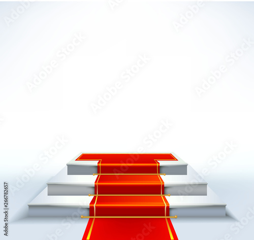Realistic vector pedestal red carpet with gold strip on three  square stage.