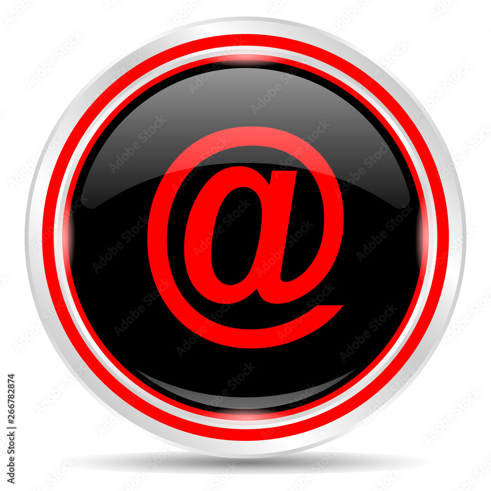 Obraz premium E mail icon. Round metal web button, black and red.