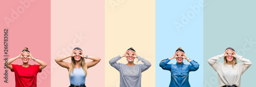 Collage of young beautiful woman over colorful vintage stripes isolated background doing ok gesture like binoculars sticking tongue out, eyes looking through fingers. Crazy expression.