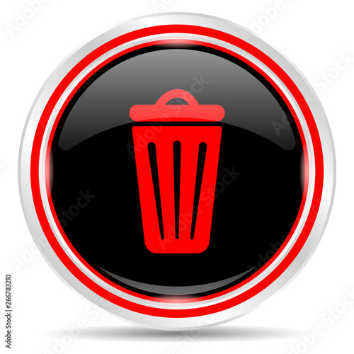 Trash can icon. Round metal web button, black and red.