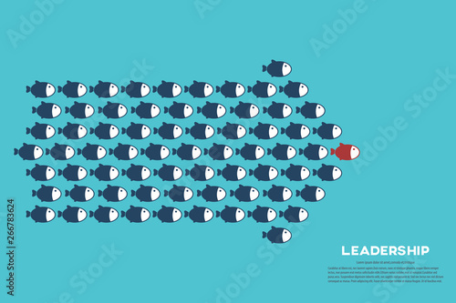 Red fish as a leader among others, leadership, teamwork, motivation, stand out of the crowd concept, EPS10 vector