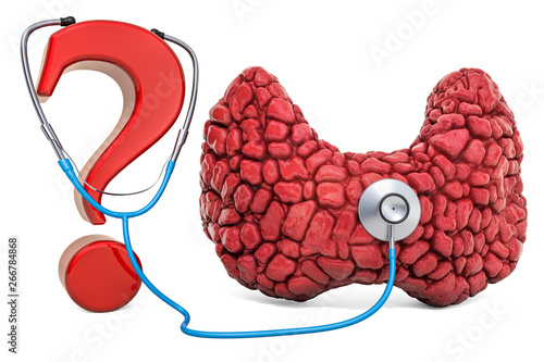 Human thyroid with question mark and stethoscope. Research and diagnosis of thyroid gland disease, concept. 3D rendering photo