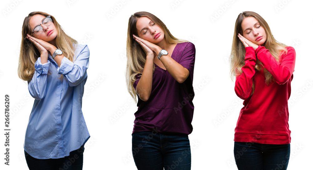 Collage of young beautiful blonde woman over isolated background sleeping tired dreaming and posing with hands together while smiling with closed eyes. Collage of young beautiful blonde woman over isolated background sleeping tired dreaming and posing with hands together while smiling with closed eyes.