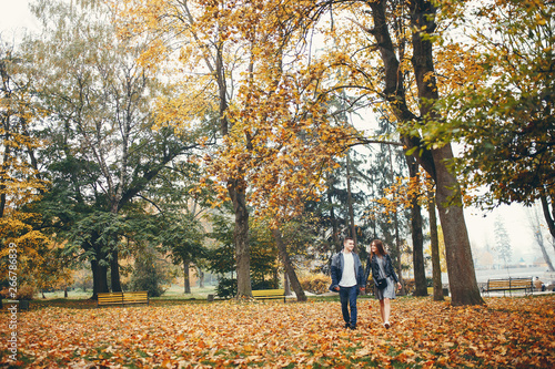 Cute couple walking in a autumn park. Boy in a black jacket. Girl in a gray dress