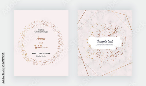 Fashion cards with marble texture, rose gold polygonal lines frames, gold confetti. Trendy templates for banner, flyer, poster, save the date, greeting, wedding invitation