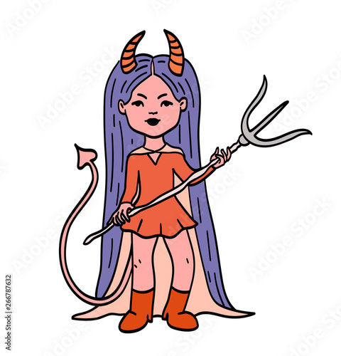 Horned long-haired devil girl in a short red dress, boots and cape carrying a pitchfork, comic cartoon character isolated on white background. Demon woman mascot. Cute Halloween creature from hell.