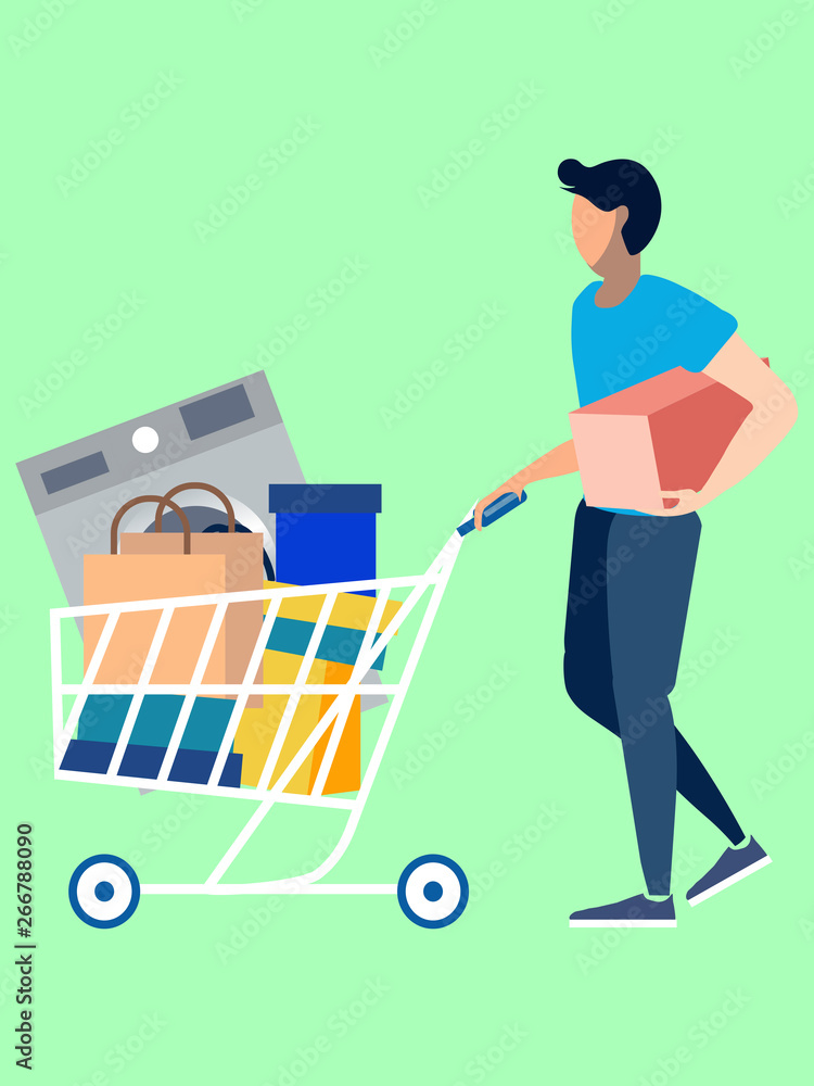 Man buyer rolls the cart with electrical appliances. In minimalist style Cartoon flat Vector Man buyer rolls the cart with electrical appliances. In minimalist style Cartoon flat Vector