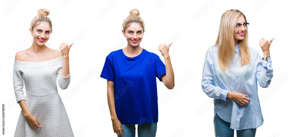 Obraz premium Collage of young beautiful blonde woman over isolated background smiling with happy face looking and pointing to the side with thumb up.