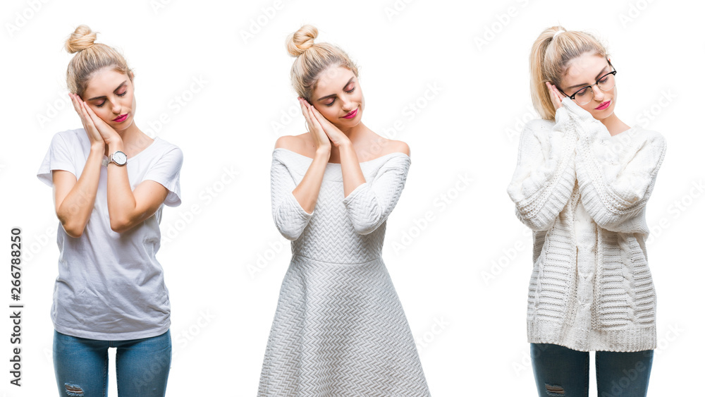 Collage of young beautiful blonde woman over white isolated background sleeping tired dreaming and posing with hands together while smiling with closed eyes. Collage of young beautiful blonde woman over white isolated background sleeping tired dreaming and posing with hands together while smiling with closed eyes.