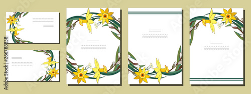 Set of floral spring templates with bunches of yellow daffodils and willow. Cards with narcissus and salix. For romantic design, announcements, greeting wedding cards, posters, advertisement.