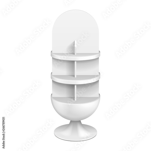 Round Egg Cardboard Floor Display Rack For Supermarket Blank Empty With Shelves. Illustration Isolated On White Background. Ready For Your Design. Product Advertising. Vector EPS10