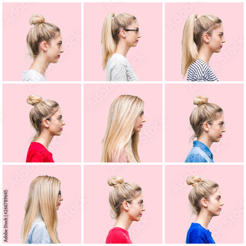 Collage of young beautiful blonde woman over pink isolated background looking to side, relax profile pose with natural face with confident smile. © Krakenimages.com