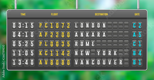 Mechanical Realistic Flip Scoreboard, Arrival Airport Board With Letters, Numbers, Time Display Board For Airport Schedule, Train Destination Timetable. Green Summer Garden Background. Vector EPS10