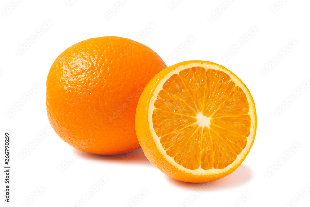 Fresh oranges, one whole and one half isolated on white background with shadow Fresh oranges, one whole and one half isolated on white background with shadow