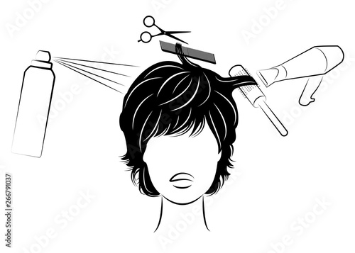 Silhouette of the head of a cute lady. The girl at the hairdresser. A woman makes a haircut, cuts hair, dries, varnish. Vector illustration
