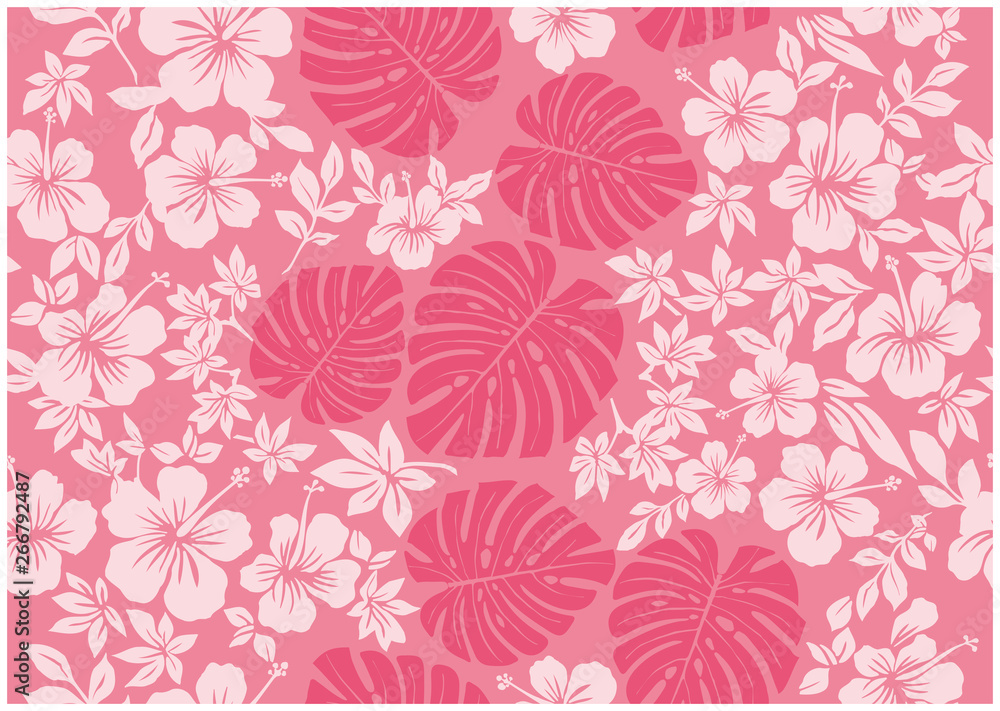 モンステラ柄とハイビスカス柄の背景イラスト ピンク テキスタイル 総柄 シームレス Hibiscus And Monstera Pattern Background Stock Vector Adobe Stock