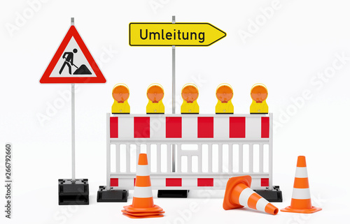 Einzelne Absturzsicherung mit 5 Bakenleuchten gelb-orange, Fußplatten, Schild Baustelle, Schild Umleitung rechtsweisend auf Pfosten steht daneben und Verkehrshütchen Pylone - freigestellt