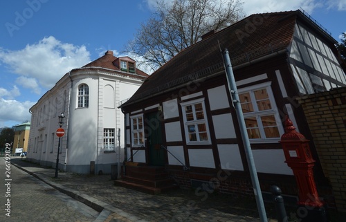 Timbered Houses at the Kolk, oldest settlement area in Berlin Spandau (since March 7, 1232 city rights) on April 6, 2017, Germany