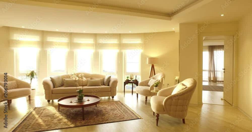 Backward shot of luxury modern apartment interior design natural lighting with colorful flowerpot and chandelier and Persian carpet, candlestick and beige sofa and ,orchid dining table Backward shot of luxury modern apartment interior design natural lighting with colorful flowerpot and chandelier and Persian carpet, candlestick and beige sofa and ,orchid dining table
