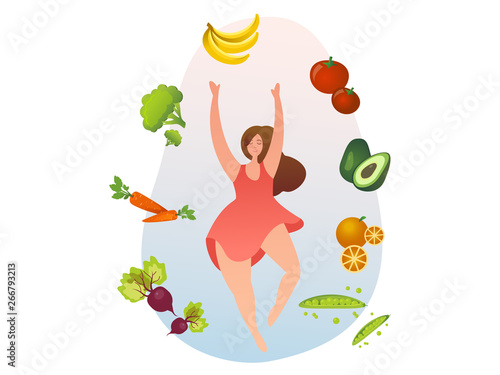 Woman with healthy food, vegetables and fruits.