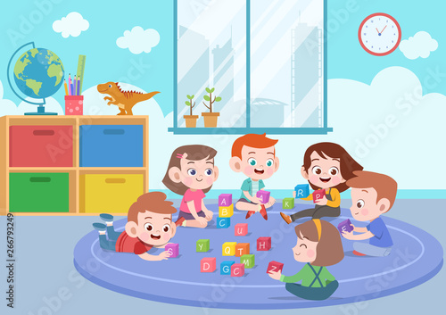 kids children playing with blocks toys illustration