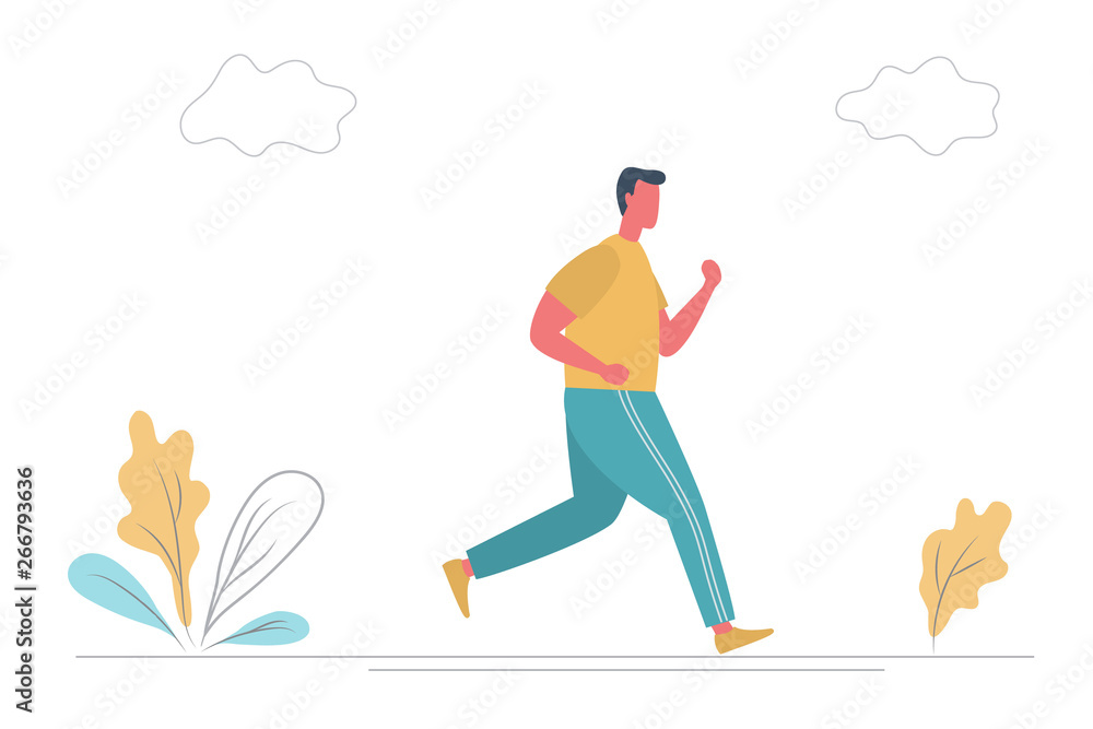 Young man in sportswear is running along the road in the park. There is also plants and clouds in the picture. Funny flat style. Vector illustration Young man in sportswear is running along the road in the park. There is also plants and clouds in the picture. Funny flat style. Vector illustration
