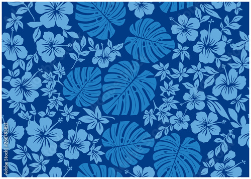 モンステラ柄とハイビスカス柄の背景イラスト　青　｜テキスタイル　総柄・シームレス｜Hibiscus and Monstera pattern background
