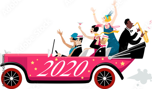 Group of celebrating New Year people dressed in 1920s fashion arriving in a vintage car with 2020 painted on it, EPS 8 vector illustration