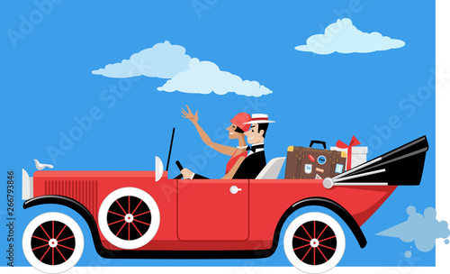 Glam 1920s couple travels in a vintage cabriolet car with luggage, EPS 8 vector illustration