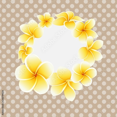 Vector golden frangipani or plumeria flower on polka dot background postcard