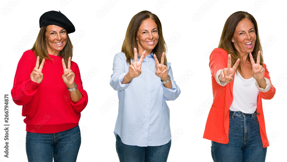 Collage of beautiful middle age woman over white isolated background smiling looking to the camera showing fingers doing victory sign. Number two. Collage of beautiful middle age woman over white isolated background smiling looking to the camera showing fingers doing victory sign. Number two.