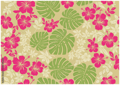 モンステラ柄とハイビスカス柄の背景イラスト アースカラー テキスタイル 総柄 シームレス Hibiscus And Monstera Pattern Background Stock Vector Adobe Stock