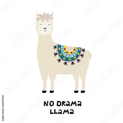 Cute llama card with No drama motivational quote. Cartoon alpaca. Vector illustration with llama for poster, card, textile, invitation etc.