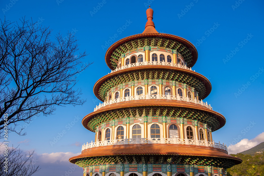 Taipei, Taiwan - January 27, 2019 - Tianyuan Temple with blue sky, The most famous place for tourist  in Taiwan