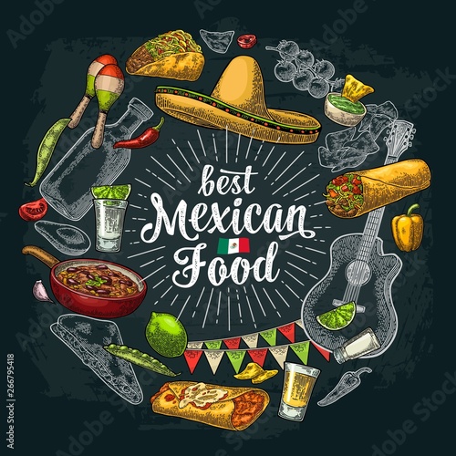 Circle shape set mexican food engraving illustration on dark