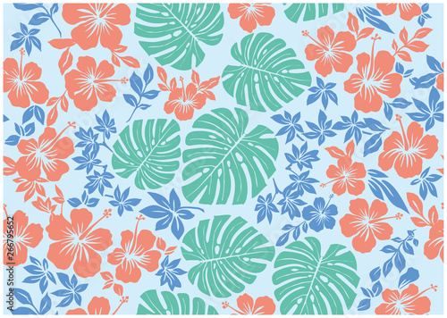 モンステラ柄とハイビスカス柄の背景イラスト 水色 テキスタイル 総柄 シームレス Hibiscus And Monstera Pattern Background Stock Vector Adobe Stock