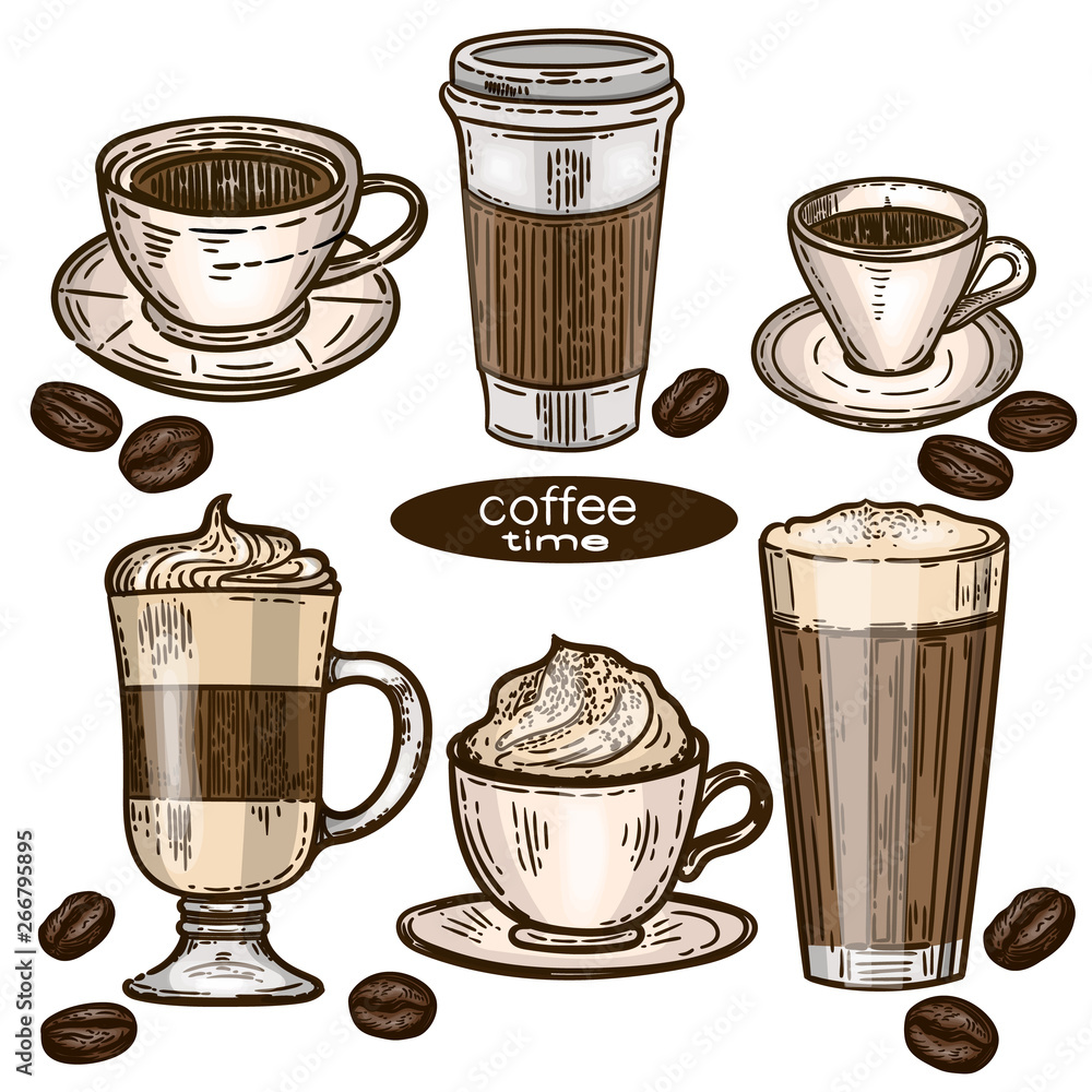 Vector hand drawn colorful set of coffee.Latte, cappuccino, frappe, espresso  americano, coffee beans and americano in cup for take away in the engraving  vintage style on white background. Stock Vector | Adobe