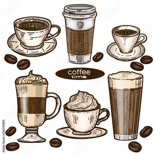 Vector hand drawn colorful set of coffee.Latte, cappuccino, frappe, espresso americano, coffee beans and americano in cup for take away in the engraving vintage style on white background.