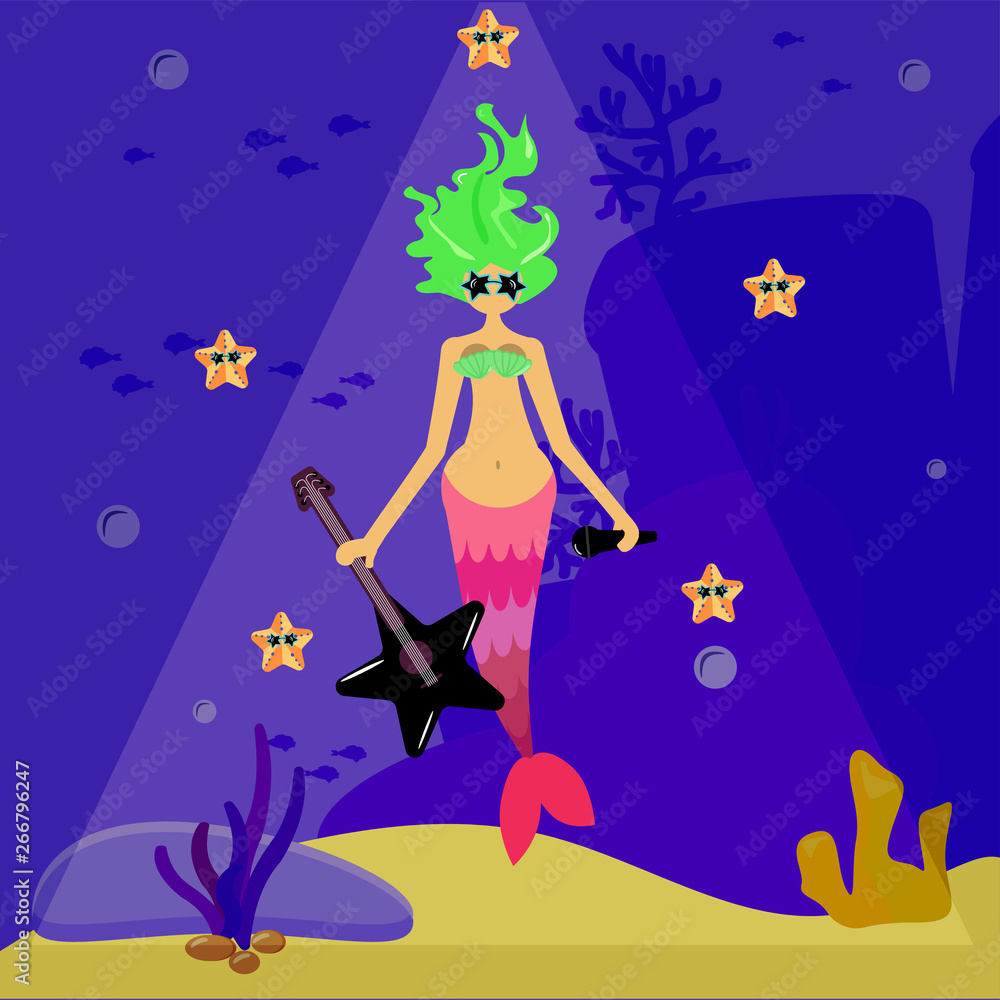 Mermaid rock star. A girl with a green-haired siren in sunglasses is holding a guitar. Seabed landscape. Starfish, sand, bubbles. Vector illustration in character cartoon style. Night sea