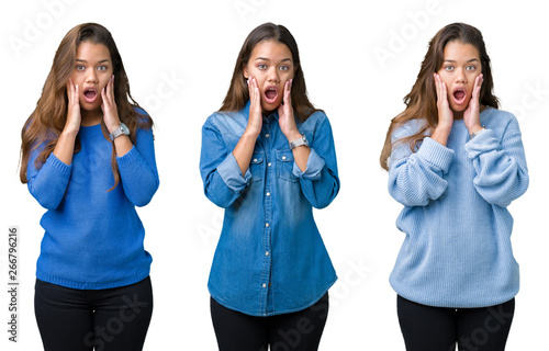 Collage of beautiful young woman over isolated background afraid and shocked with surprise expression, fear and excited face.