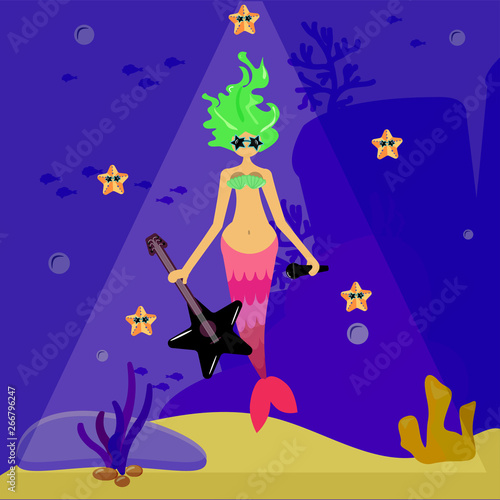 Mermaid rock star. A girl with a green-haired siren in sunglasses is holding a guitar. Seabed landscape. Starfish, sand, bubbles. Vector illustration in character cartoon style. Night sea
