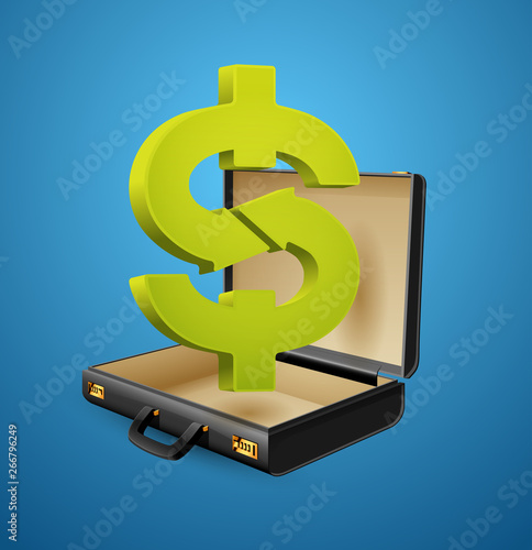 Business suitcase - finance concept - Dollar sign inside businessman briefcase