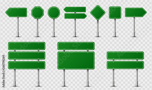 Realistic traffic signs on metal steel pole isolated. Diffrent green road panels mockup - direction highway, board text, city location, street arrows, stop, danger, warning signage. Vector