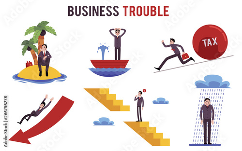 Set of businessman in different trouble situations cartoon style