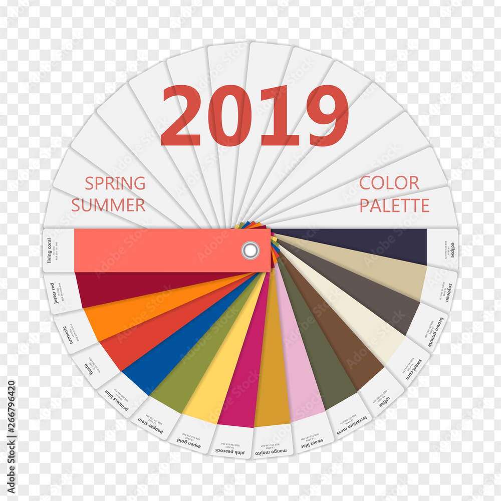 Round paper Spring and summer 2019 colors palette. Fashion trend guide. Palette fashion colors guide with named color swatches, RGB and TCX. Color of the year - living coral. Vector illustration Round paper Spring and summer 2019 colors palette. Fashion trend guide. Palette fashion colors guide with named color swatches, RGB and TCX. Color of the year - living coral. Vector illustration
