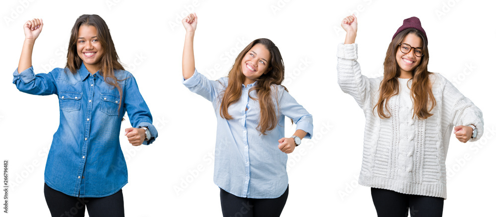 Obraz premium Collage of beautiful young woman over isolated background Dancing happy and cheerful, smiling moving casual and confident listening to music