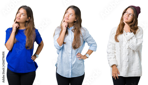 Collage of beautiful young woman over isolated background with hand on chin thinking about question, pensive expression. Smiling with thoughtful face. Doubt concept.