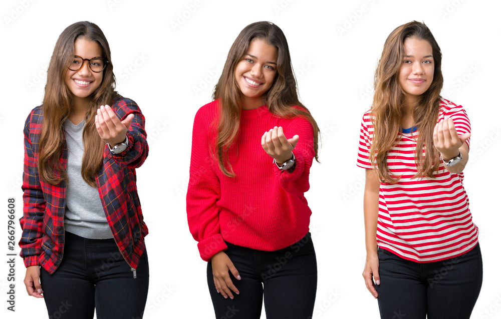 Collage of beautiful young woman over isolated background Beckoning come here gesture with hand inviting happy and smiling Collage of beautiful young woman over isolated background Beckoning come here gesture with hand inviting happy and smiling