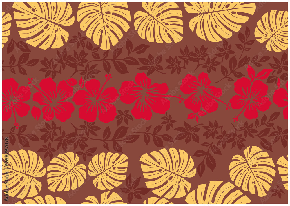 モンステラ柄とハイビスカス柄の背景イラスト 茶色 テキスタイル 総柄 シームレス Hibiscus And Monstera Pattern Background Stock Vector Adobe Stock モンステラ柄とハイビスカス柄の背景イラスト 茶色 テキスタイル 総柄 シームレス Hibiscus And Monstera Pattern Background Stock Vector Adobe Stock